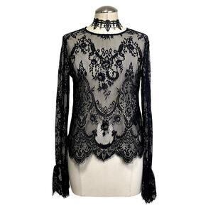 Victorian Gothic Whimsigoth Vampire Sheer Lace Flared Sleeve Back Button Blouse